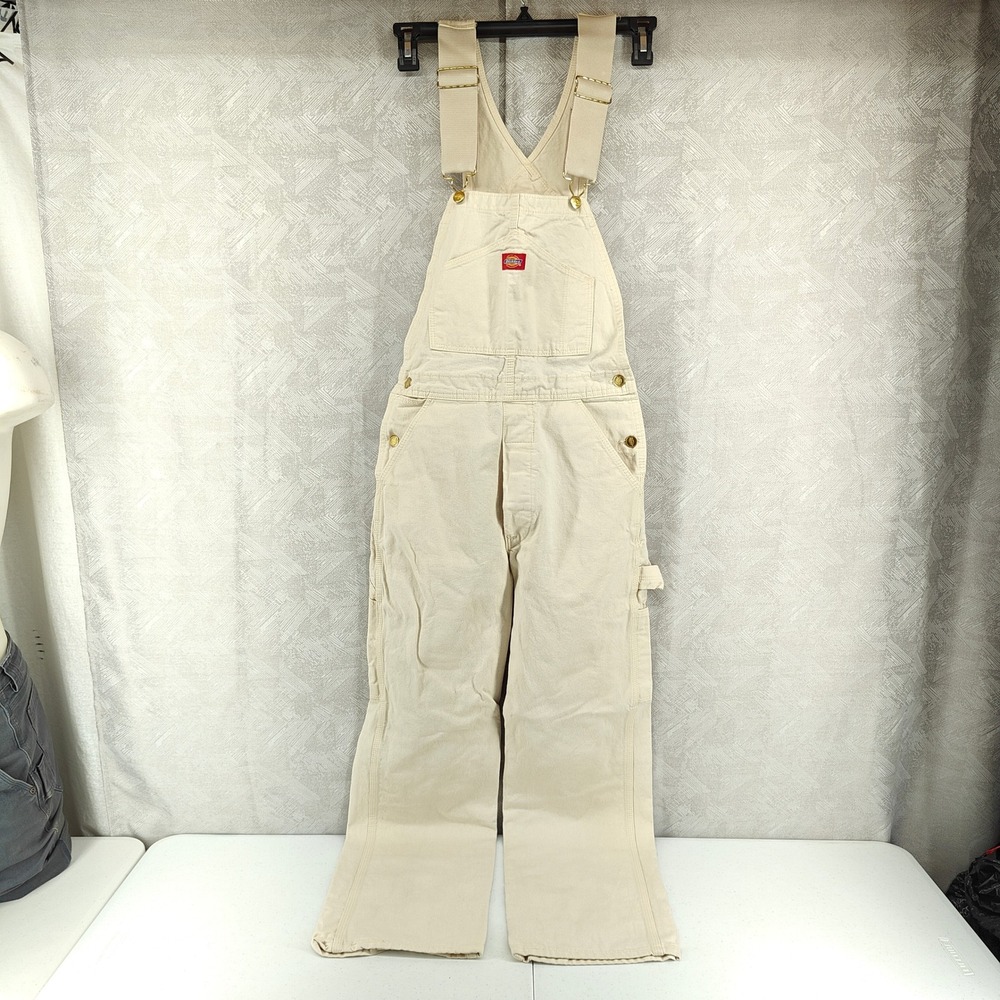 Vintage Dickies Bib Overalls Mens 28x32 Ivory Cream Cotton Canvas Workwear USA